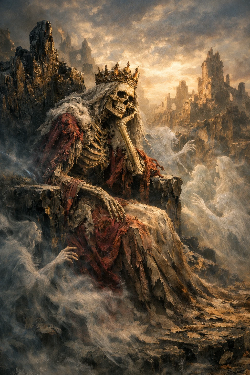 Skeletal queen on an obsidian throne in ghostly ruins