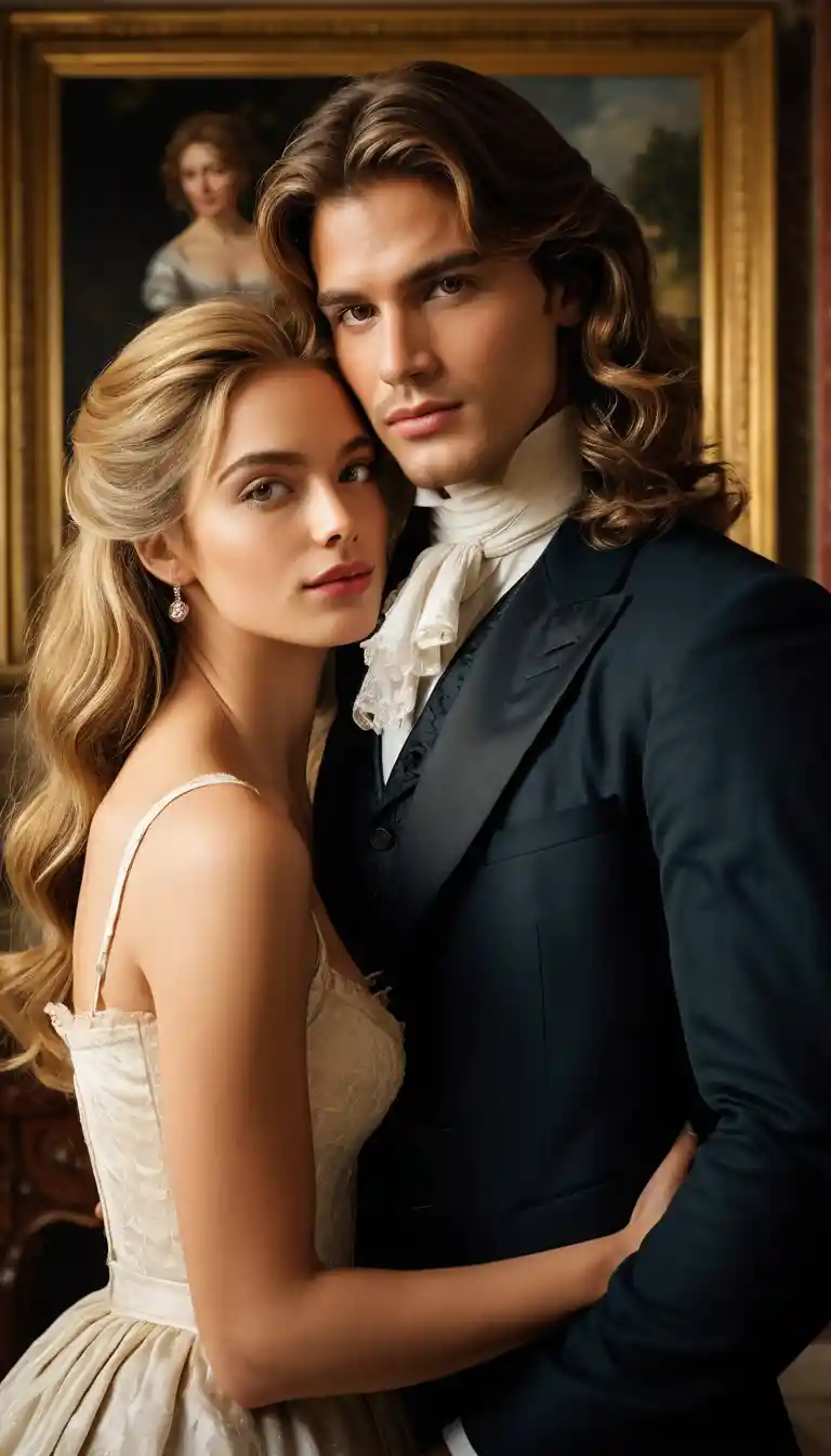 Charismatic young man kissing two maids in a manor