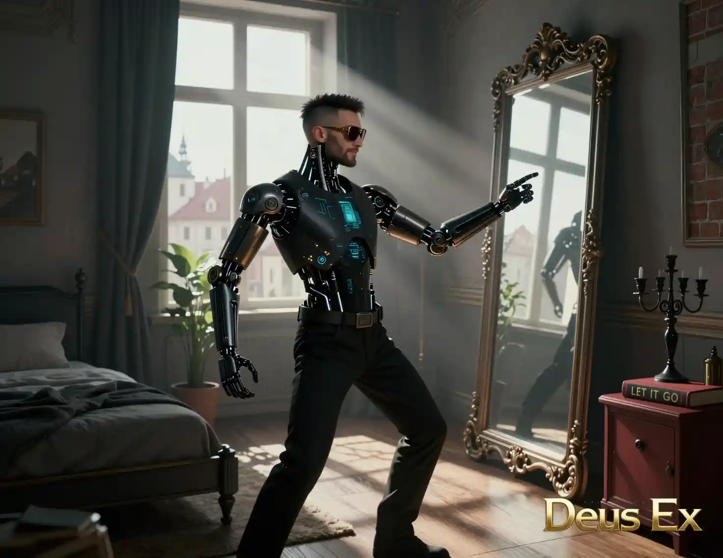 Augmented detective cyborg man in a futuristic bedroom