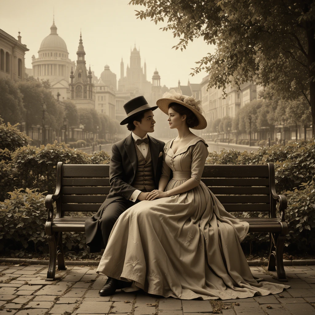 Pareja victoriana en banco de parque en escena urbana nostálgica
