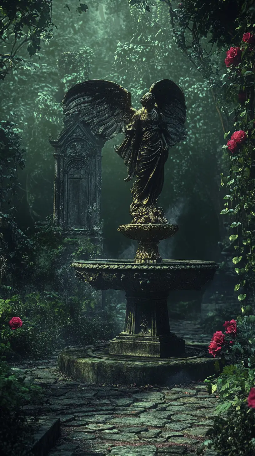 Fontaine en pierre patinée et ange dans un jardin de cimetière envahi par la végétation