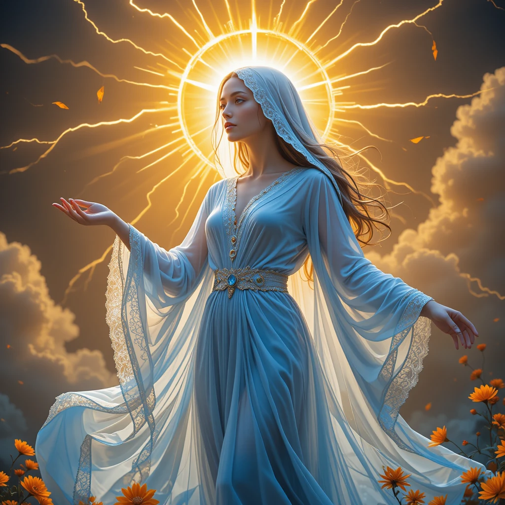 Sun goddess in pale blue robes holding radiant sun