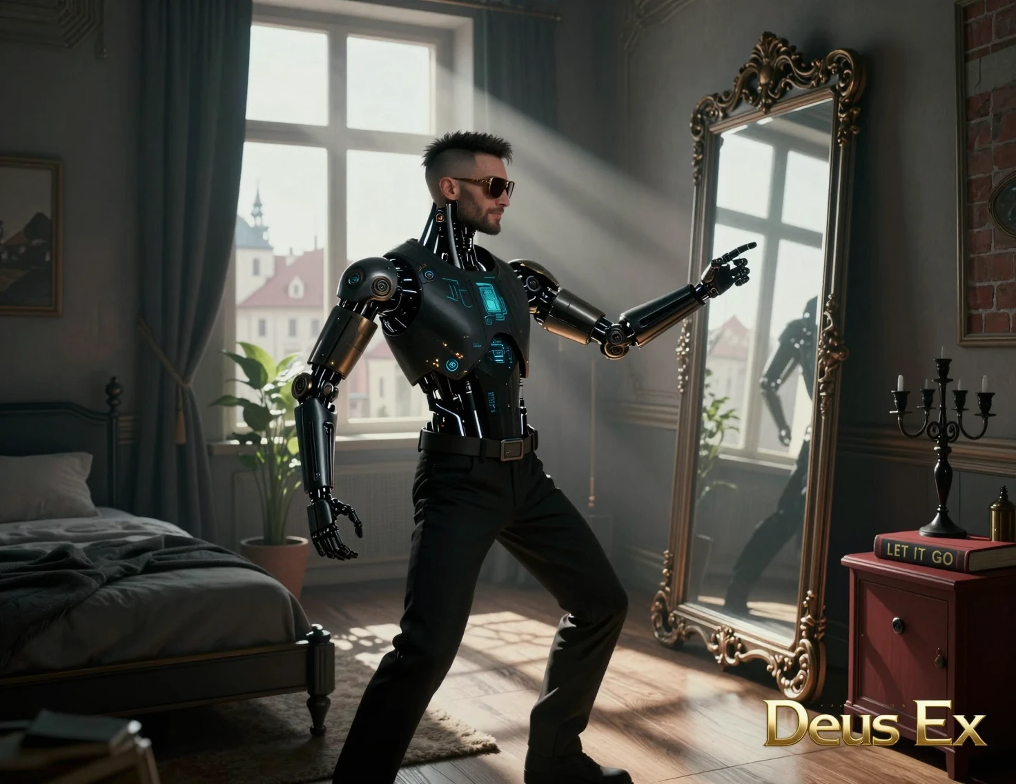 Augmented detective cyborg man in a futuristic bedroom