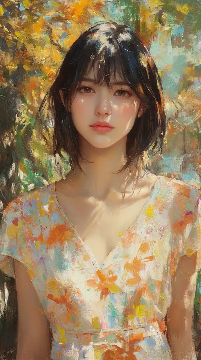 Young woman in an impressionist forest with autumn colors