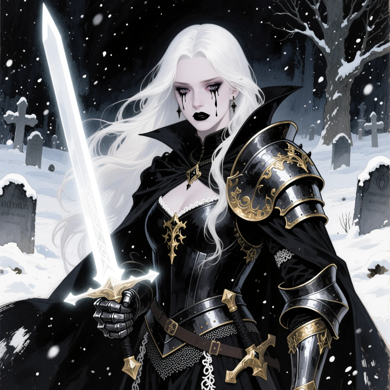 Vampire woman with glowing sword in snowy gothic cemetery