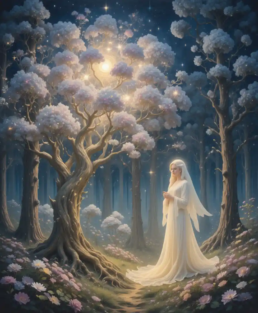 Angel caring for a glowing celestial grove under starlight
