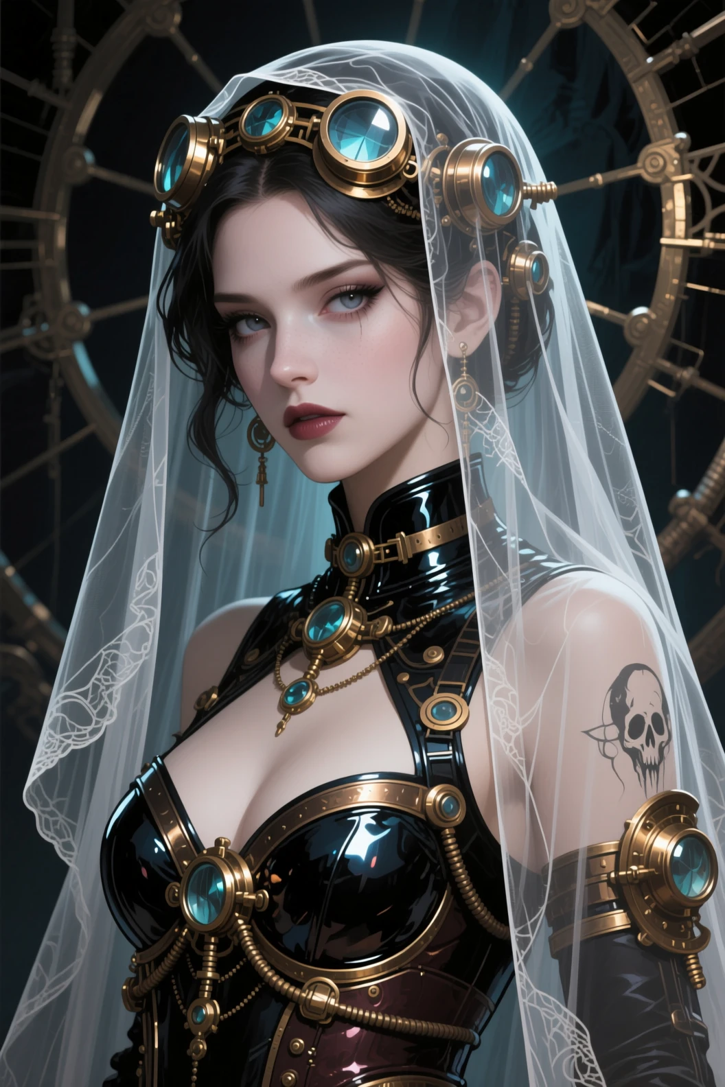 Veiled woman between life and death in steampunk fantasy