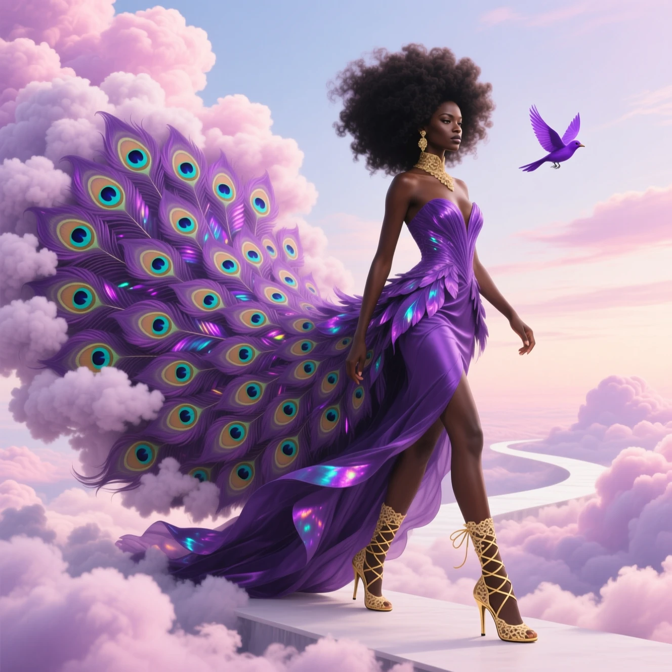 Regal Black woman walking a cloud path in peacock gown