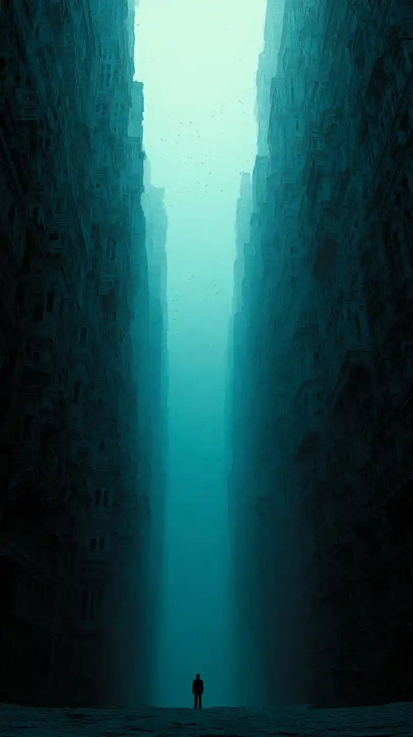 Lone silhouette in towering chasm between dark city walls