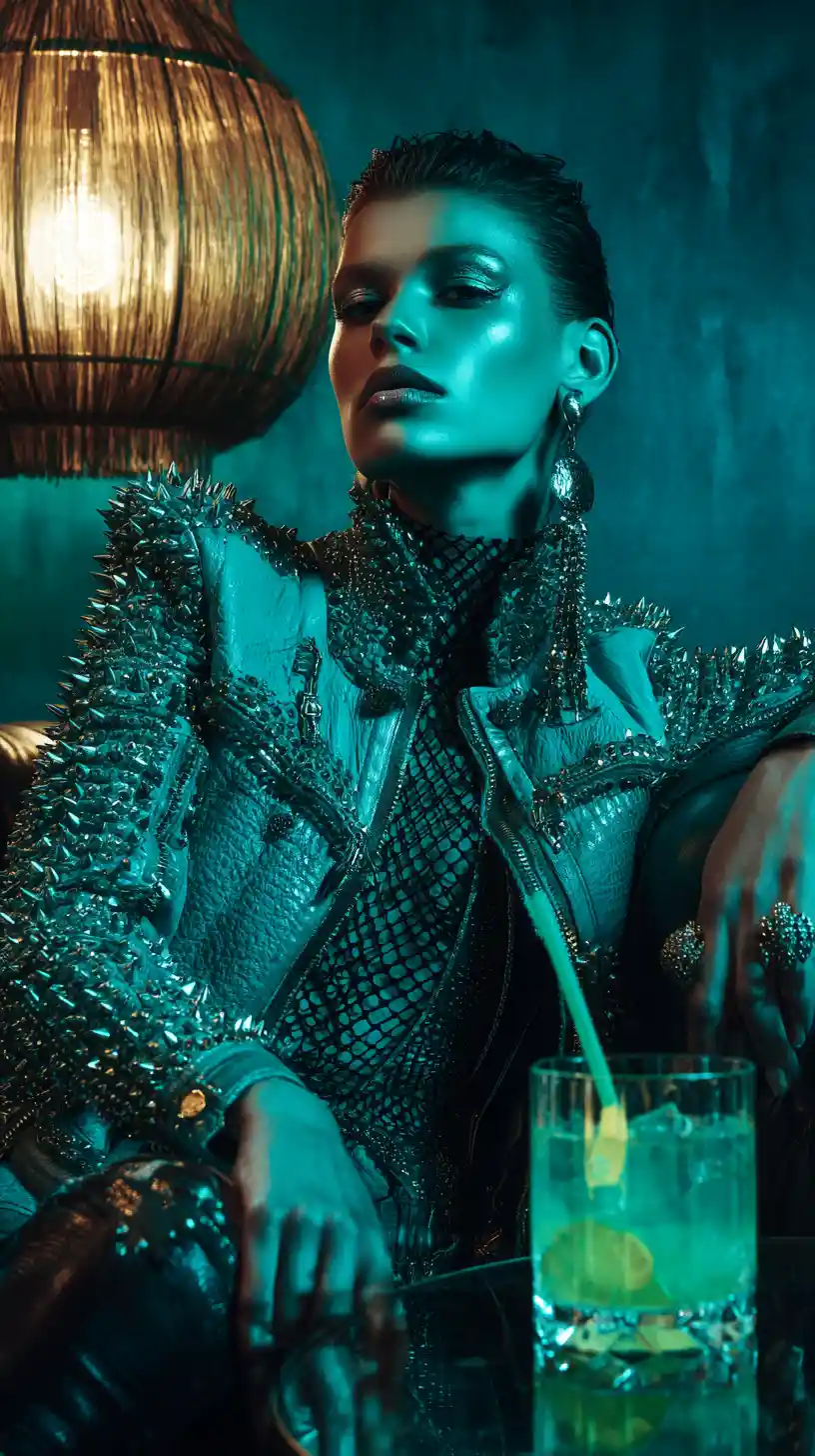 Moody editorial bar scene in taupe and turquoise tones