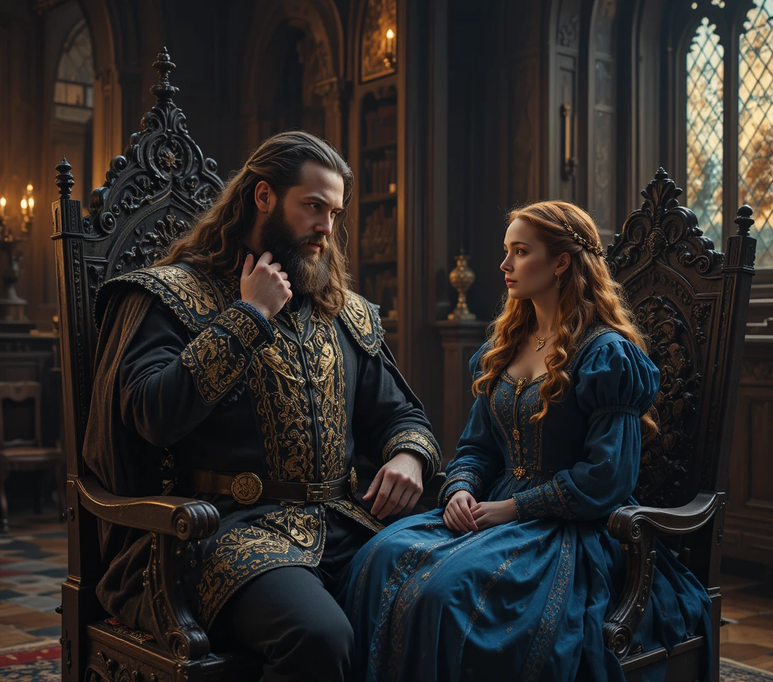 Proud nobleman and young lady in a gothic palace hall