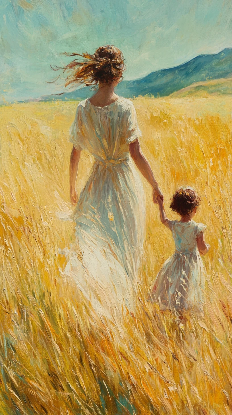 Mother and child walking through a glowing yellow grass field