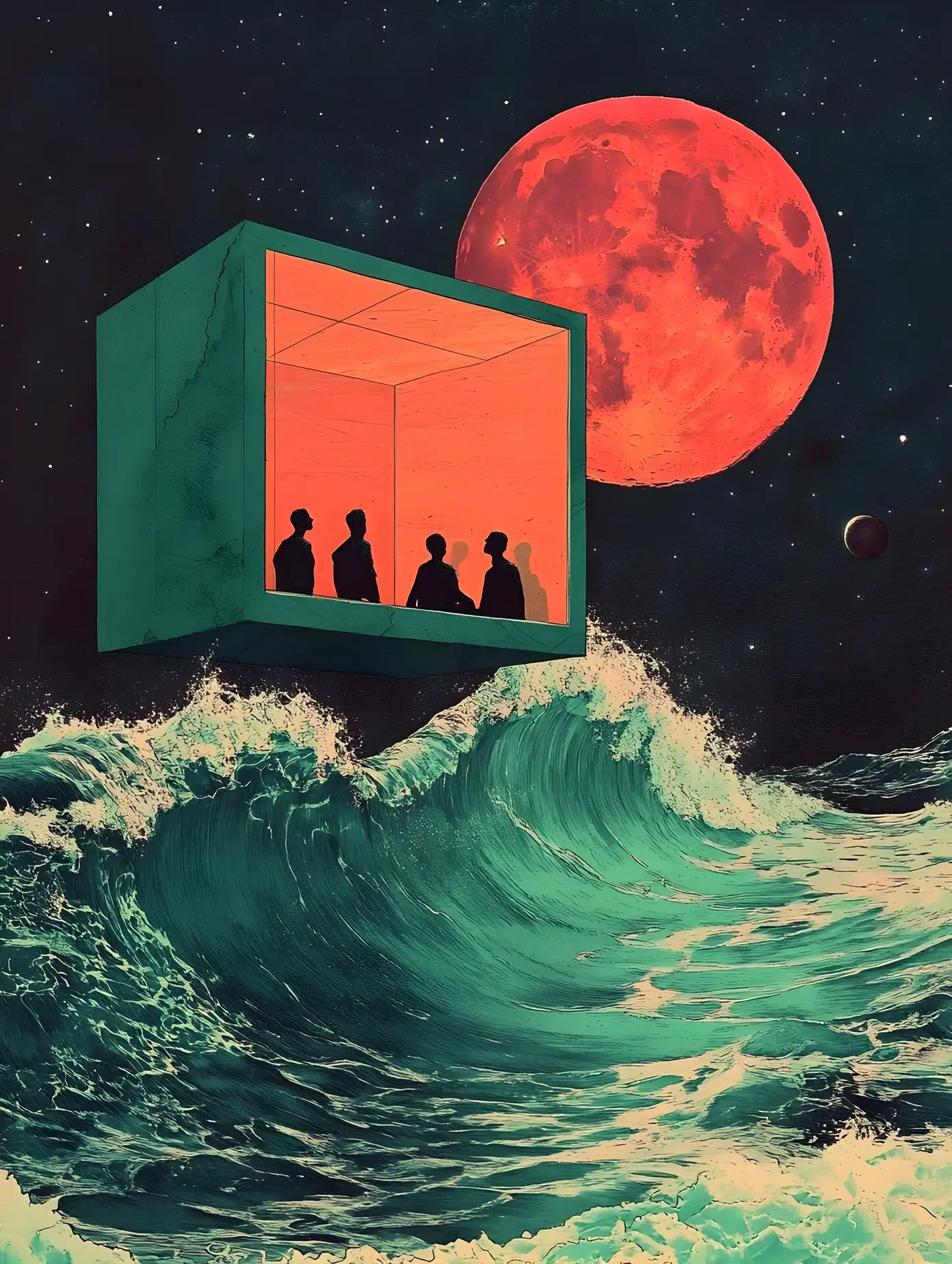 Five people in glowing cube above a red ocean