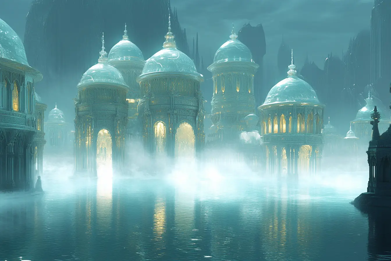 Crystal water kingdom rising from a still sapphire lagoon