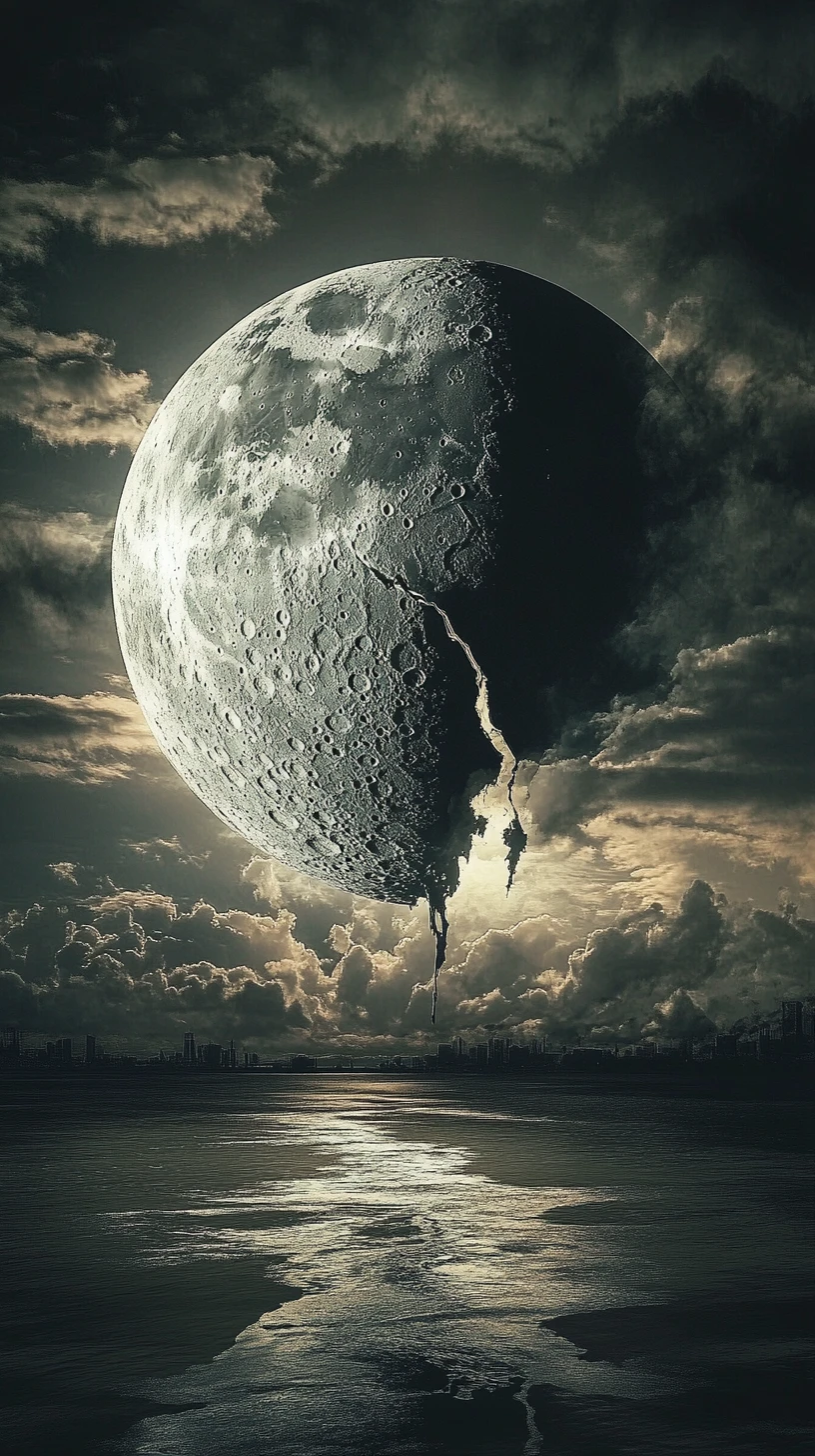 Cracked moon glowing within a dark human silhouette