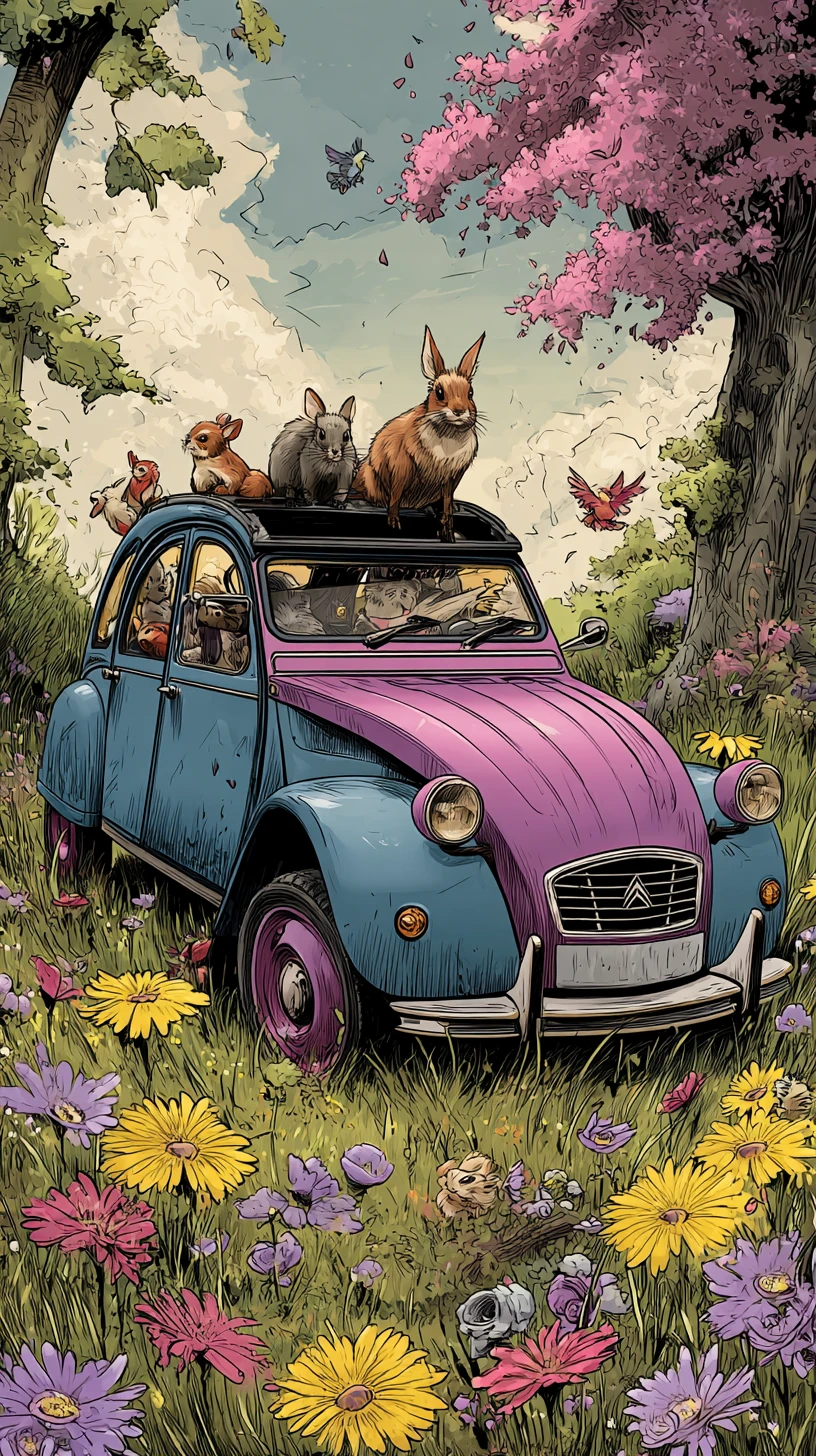 Colorful car on a magical flower meadow with happy animals