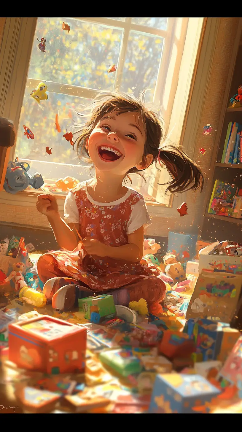 Playful young girl smiling in a sunlit messy playroom