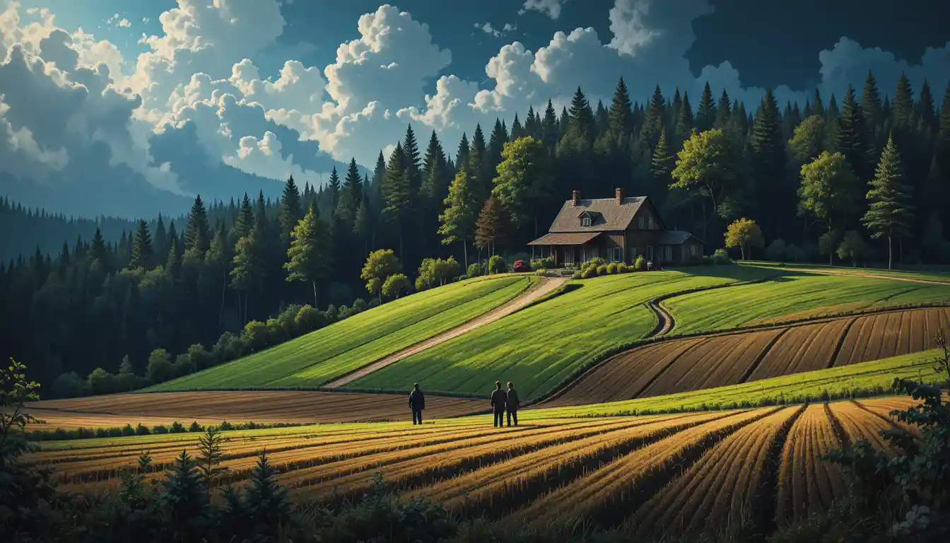 Remote farm beside dark forest with family at work