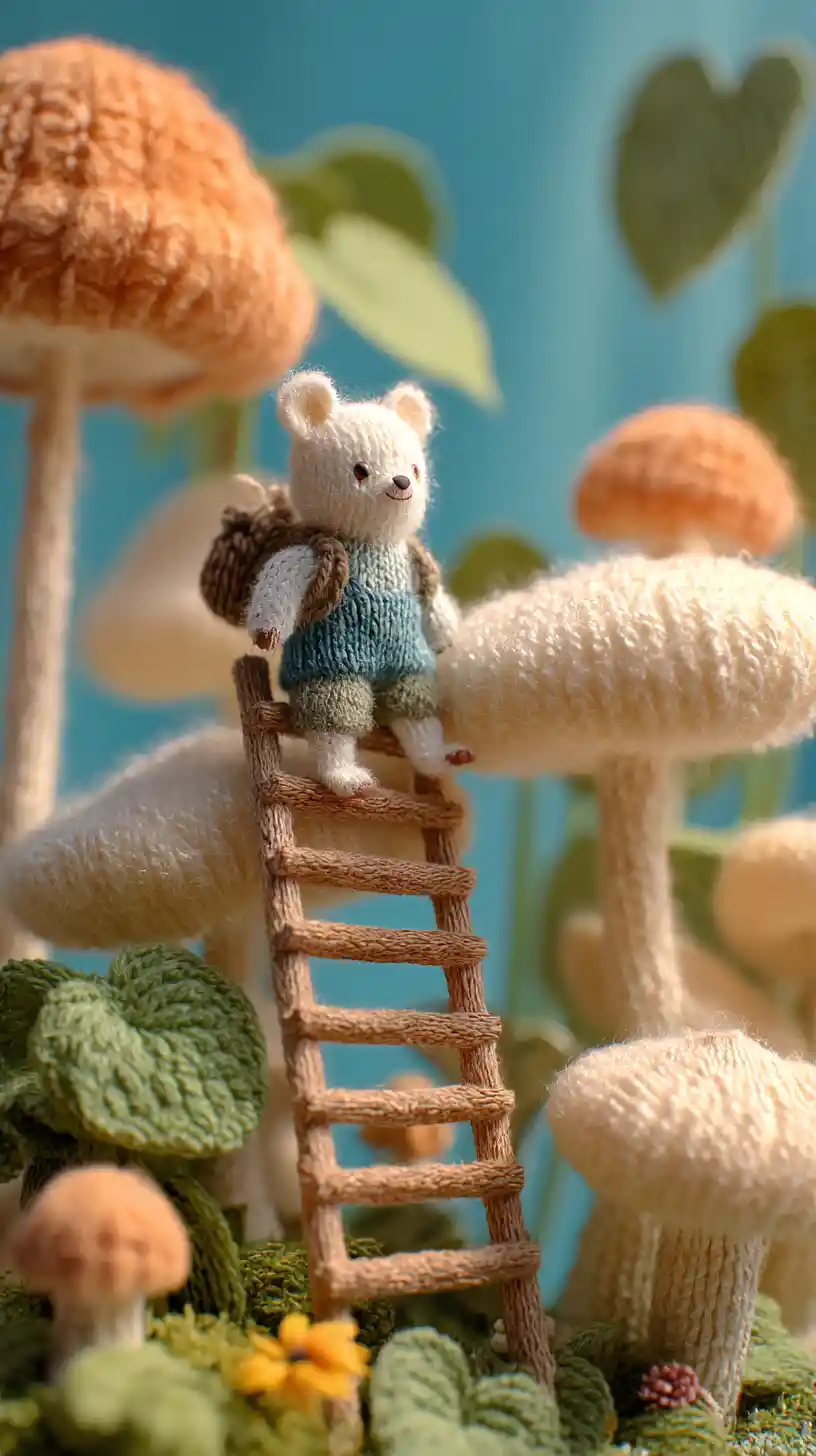 Cute polar bear climbing ladder in a fantasy mushroom world
