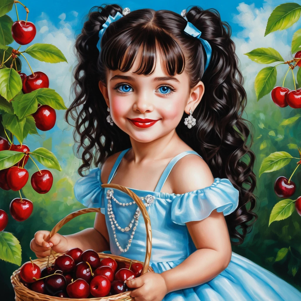 Smiling young girl with cherries in a summer cartoon portrait