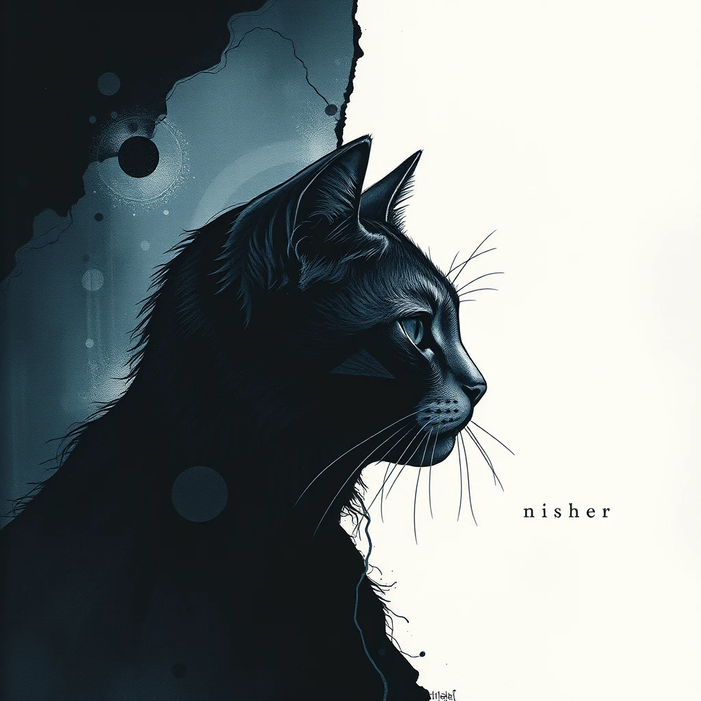 Abstract underwater cat illustration in stormy blue stillness