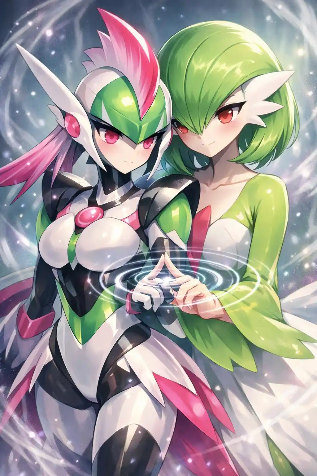 Graceful anime duo sharing a glowing magical connection