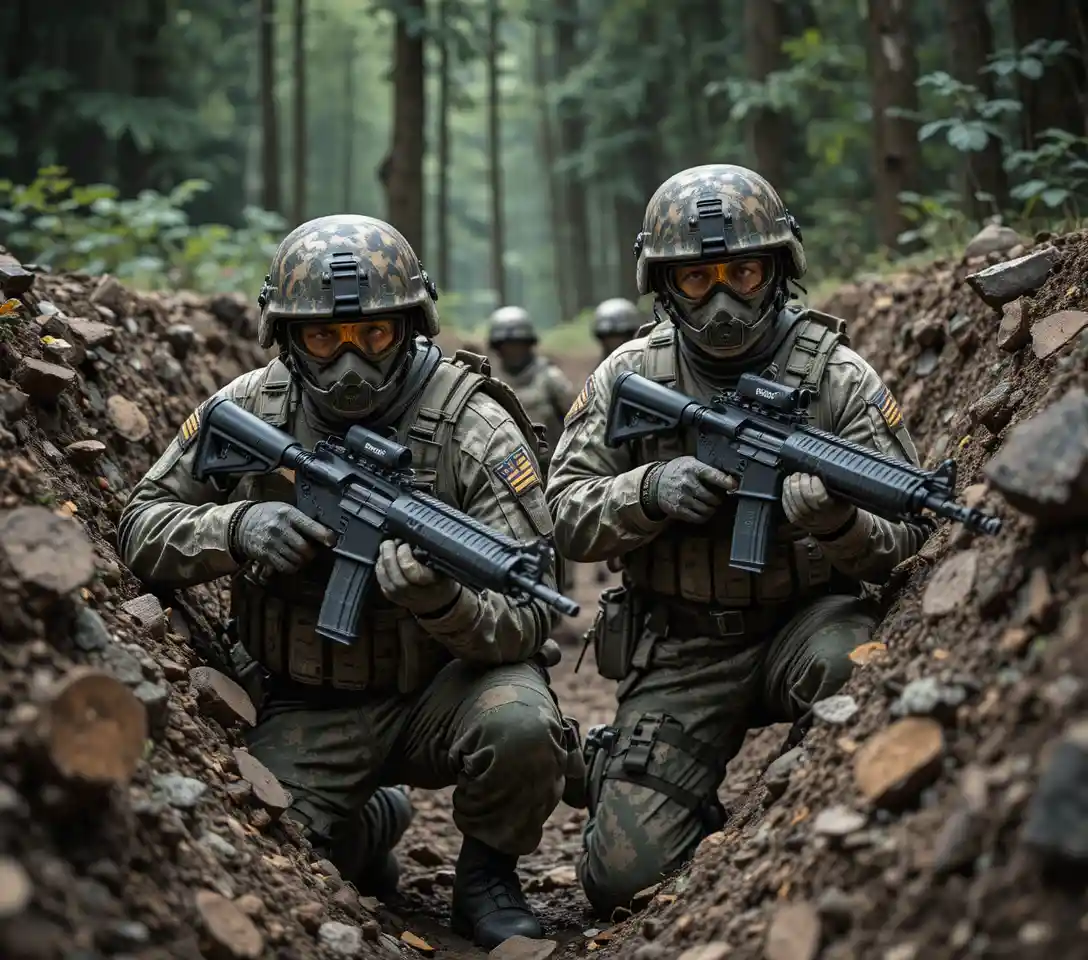 Armed soldiers crouching in a wooden trench in forest