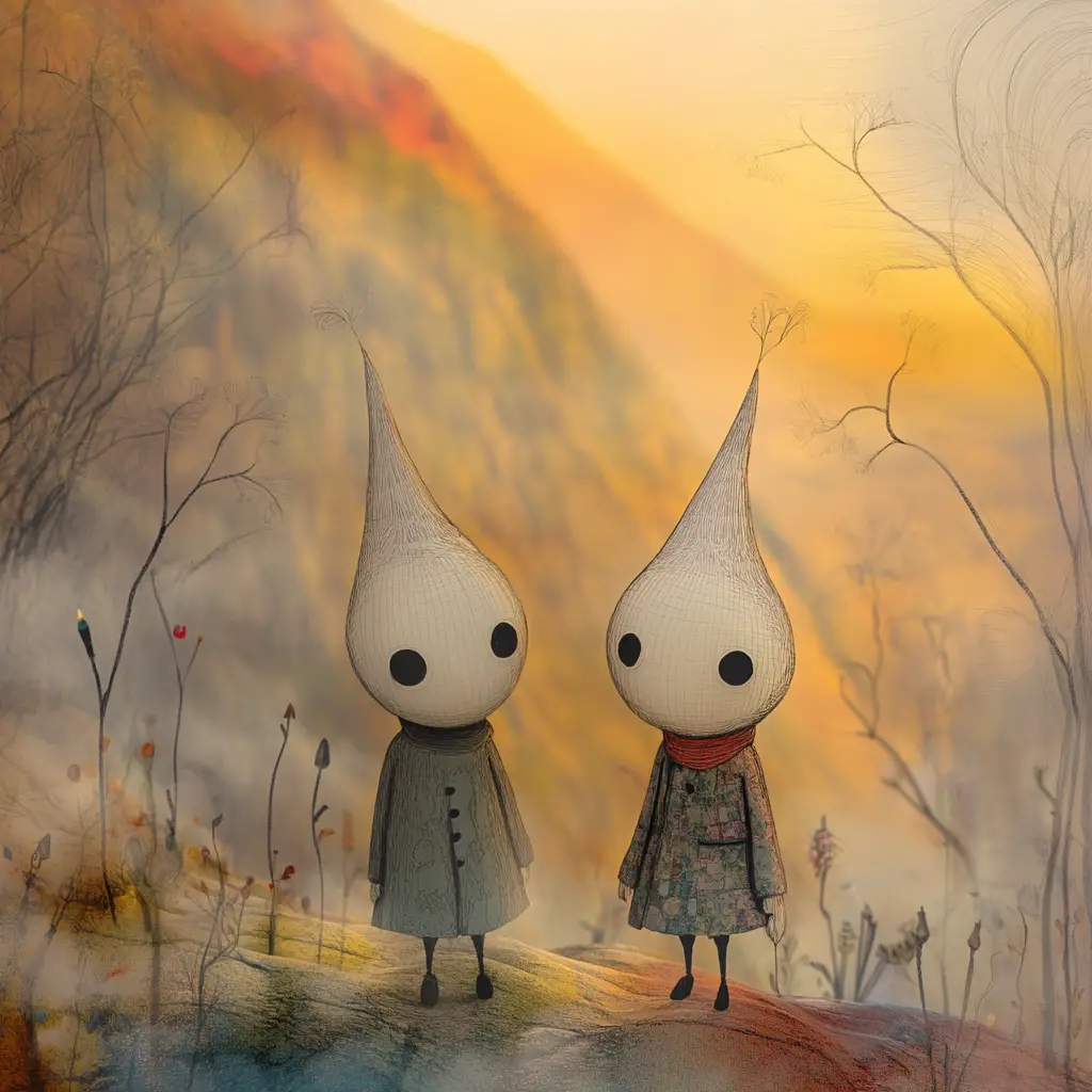 Surreal cartoon boys walking in a cathedral of clouds