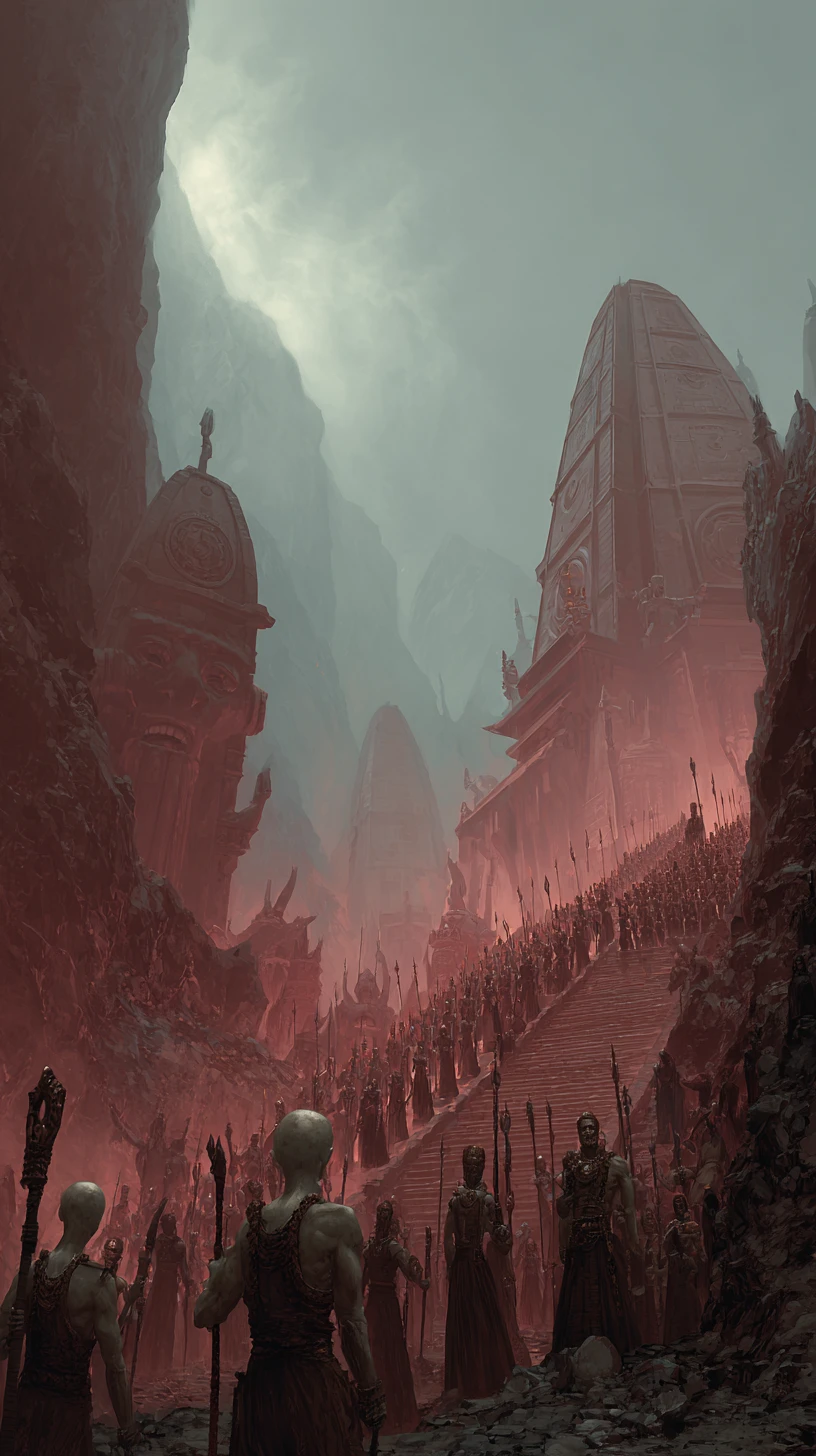 Aztec alien soldiers gathered around a towering ritual temple