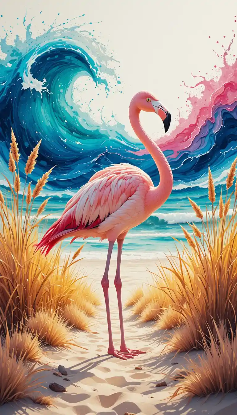 Pink flamingo on beach with golden reeds and waves