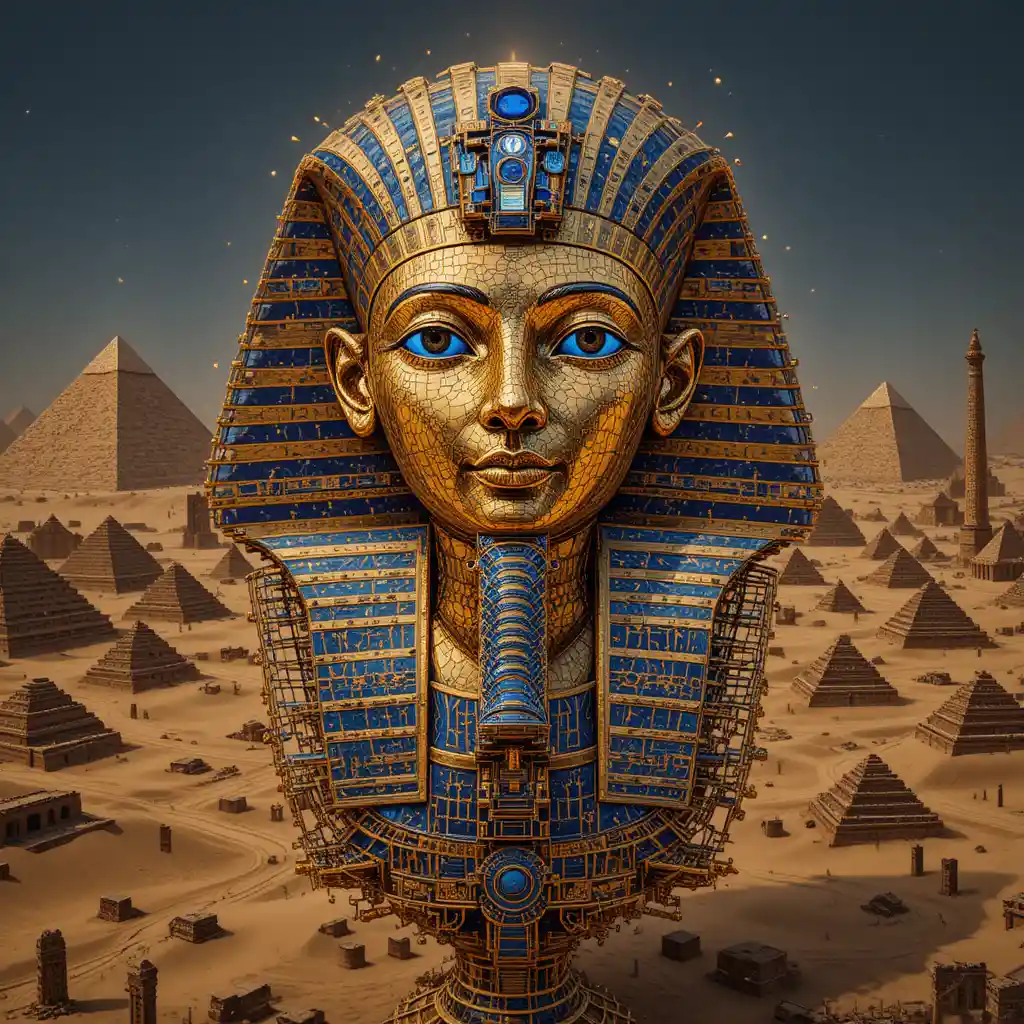 Ancient golden mask dissolving into radiant fractal geometry