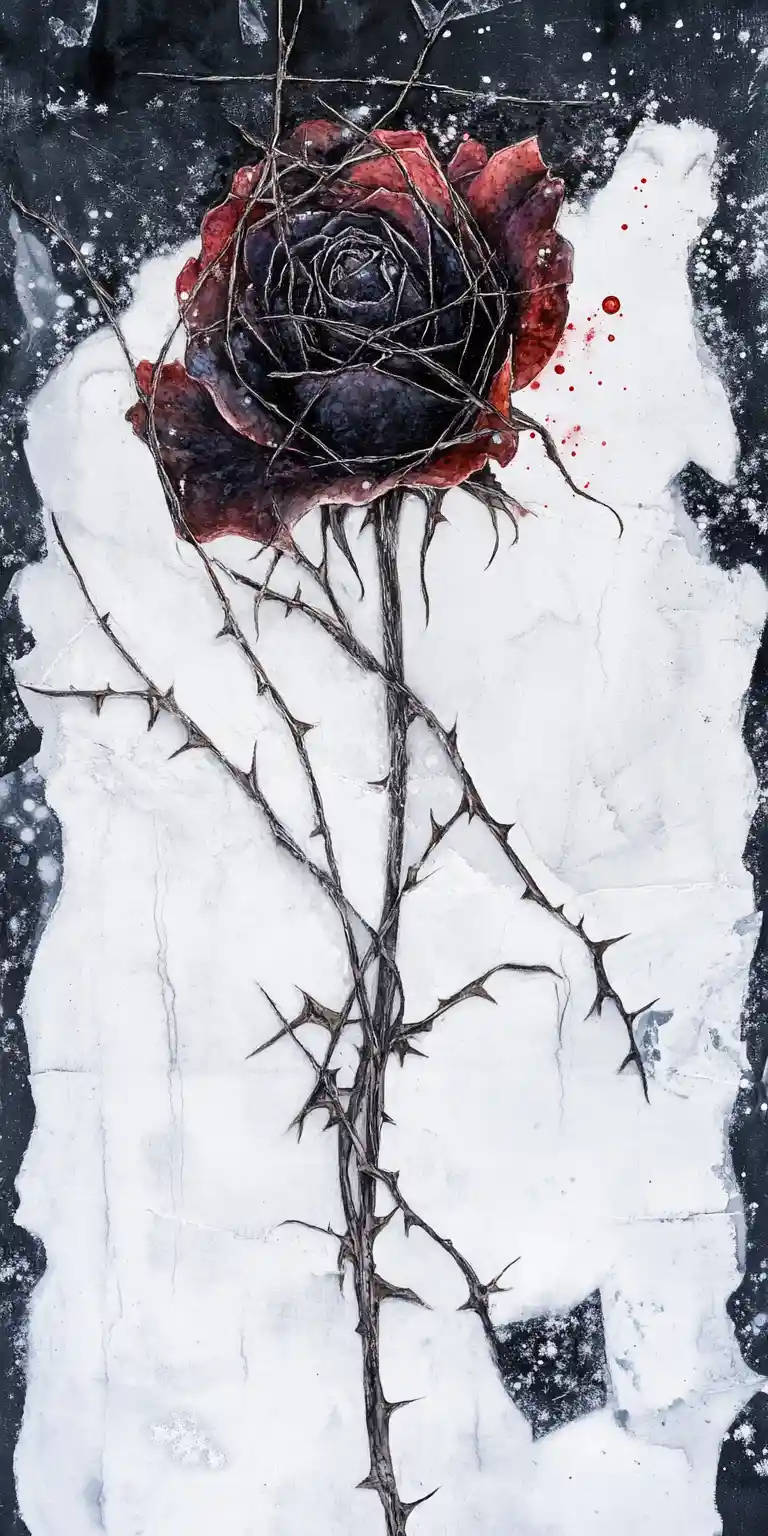Surreal collage of a frozen charcoal rose with snowflake details