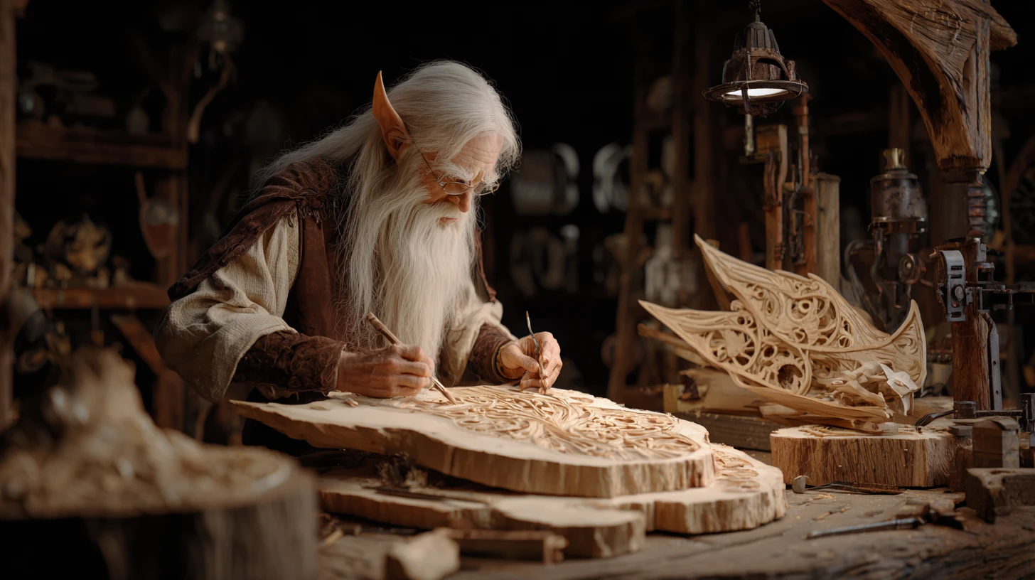 Anciano artesano de fantasía tallando madera dentro de una nave steampunk