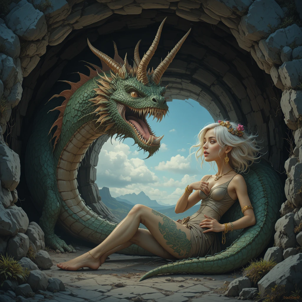 Young woman resting in cave facing a green dragon