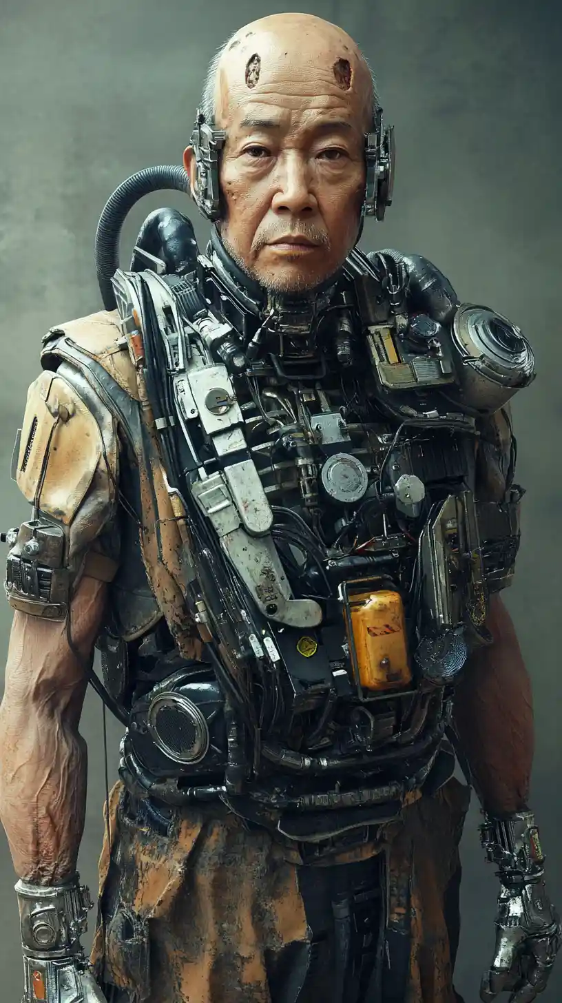 Grizzled cyberpunk cyborg elder with mechanical torso
