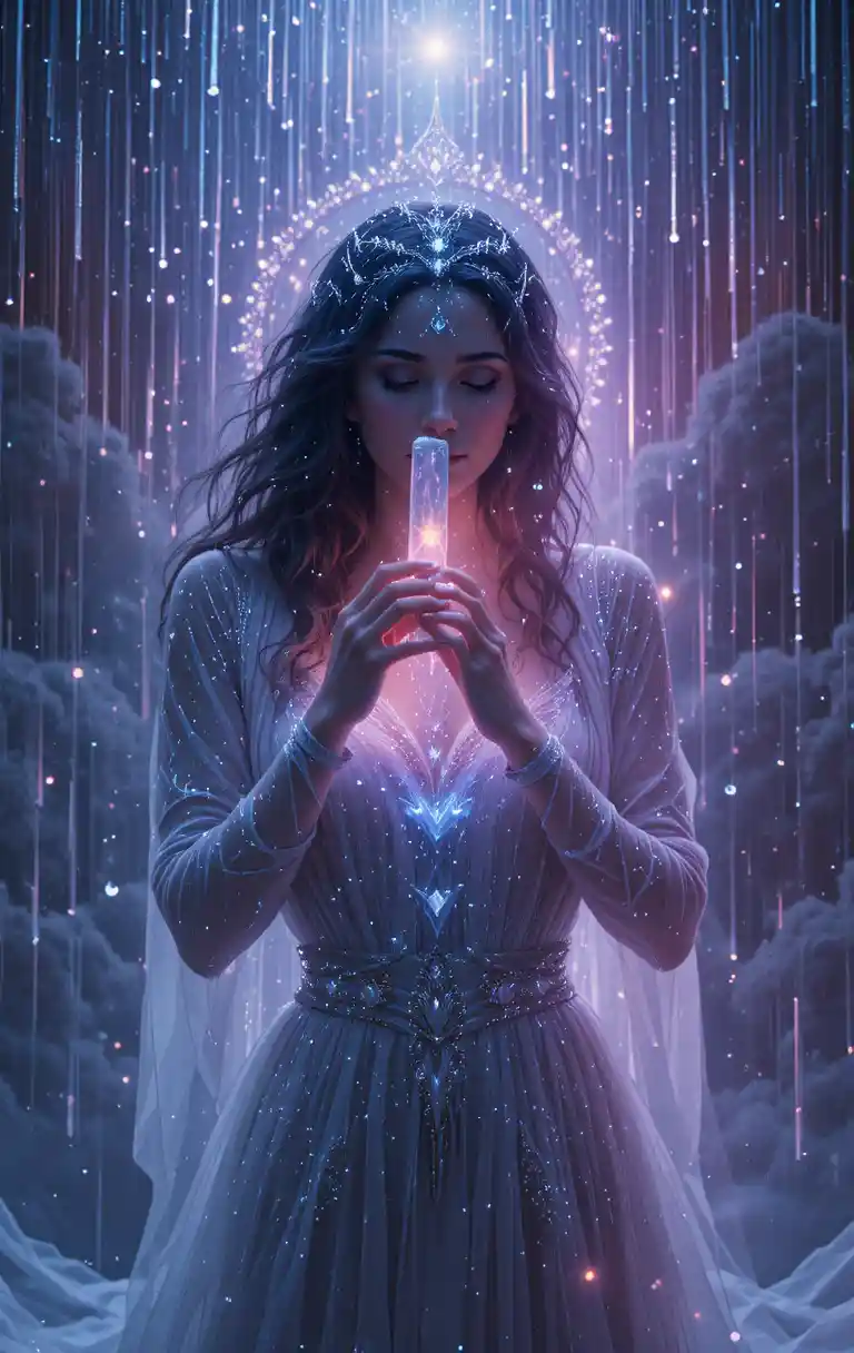 Mystical vaporwave scene with glowing crystal musical instrument