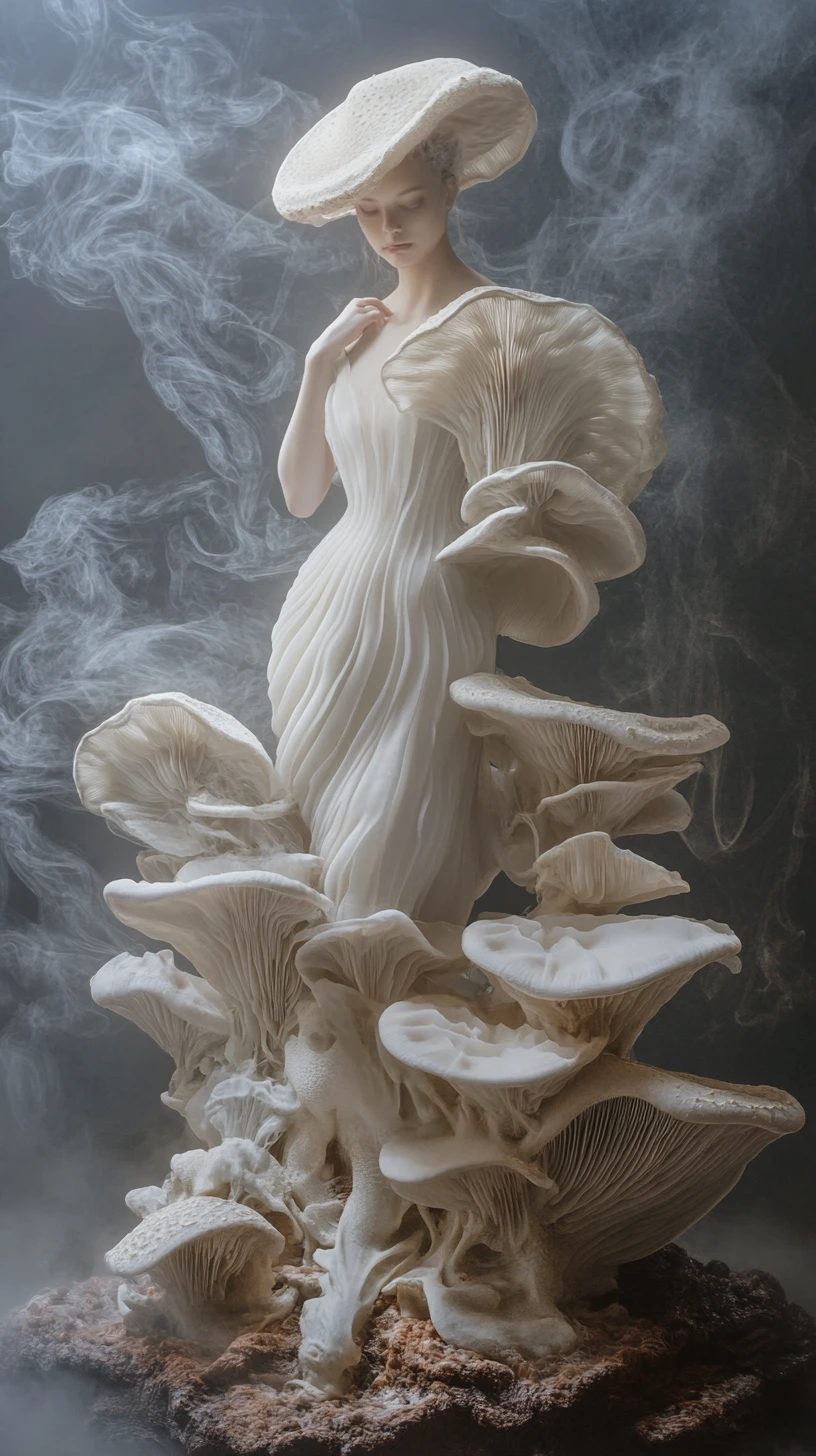 Surreal woman fused with pleated mushroom forms and bonsai