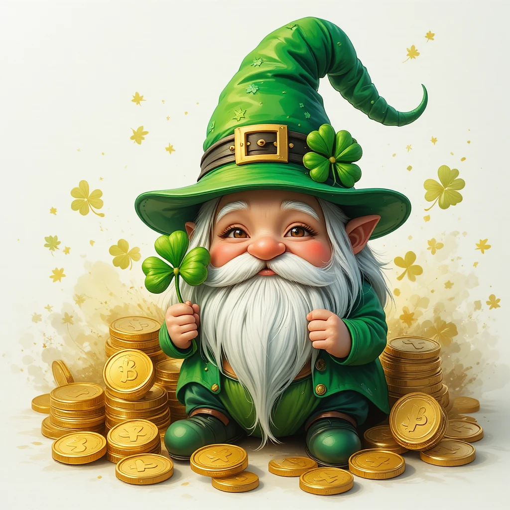 Cute St Patrick gnome with shamrock and gold coins