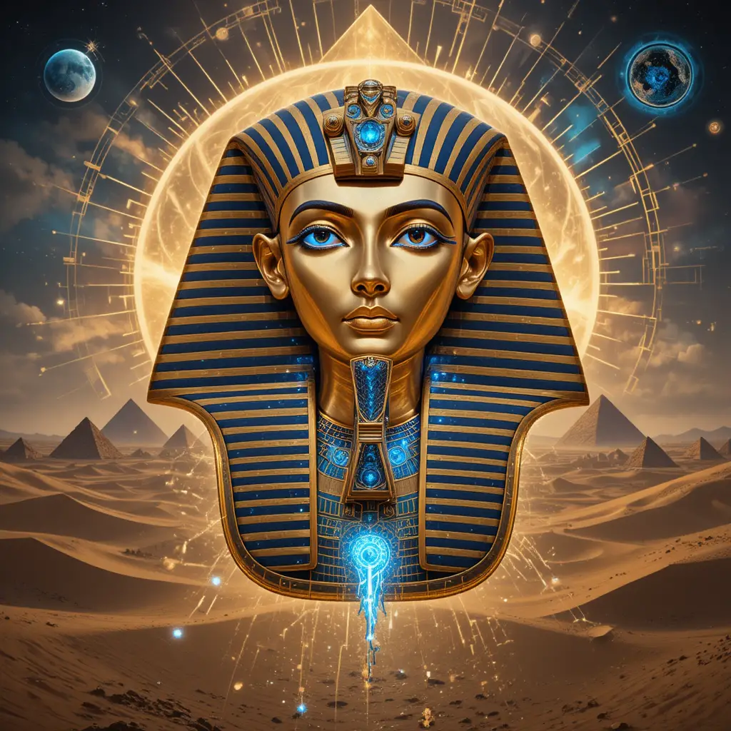 Ancient golden funerary mask glowing with cosmic light