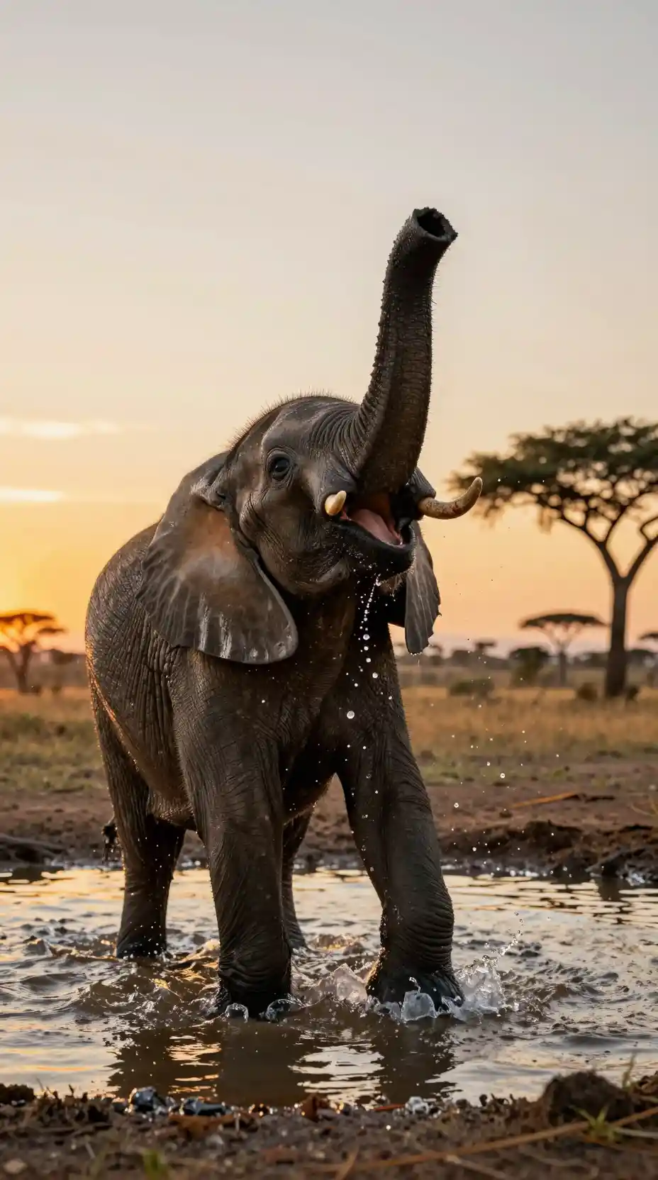 Elefantino che sguazza giocando in una pozza d’acqua africana