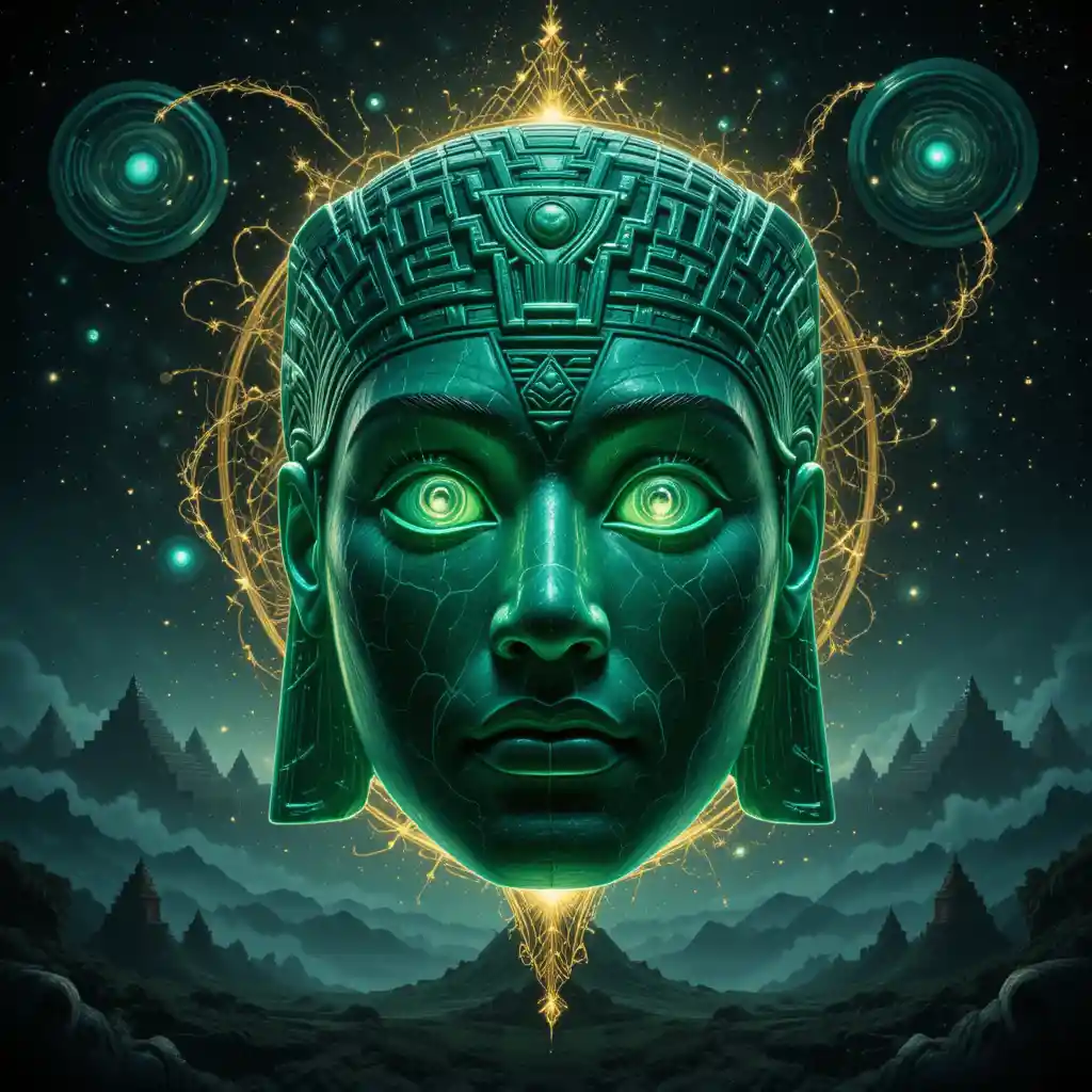 Emerald jade mask centered in glowing cosmic space