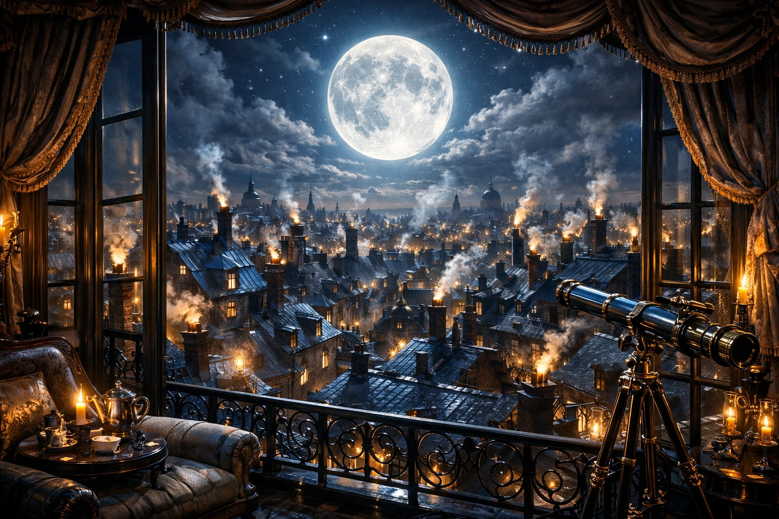 Surreal rooftops of an eighteenth century city under moonlight