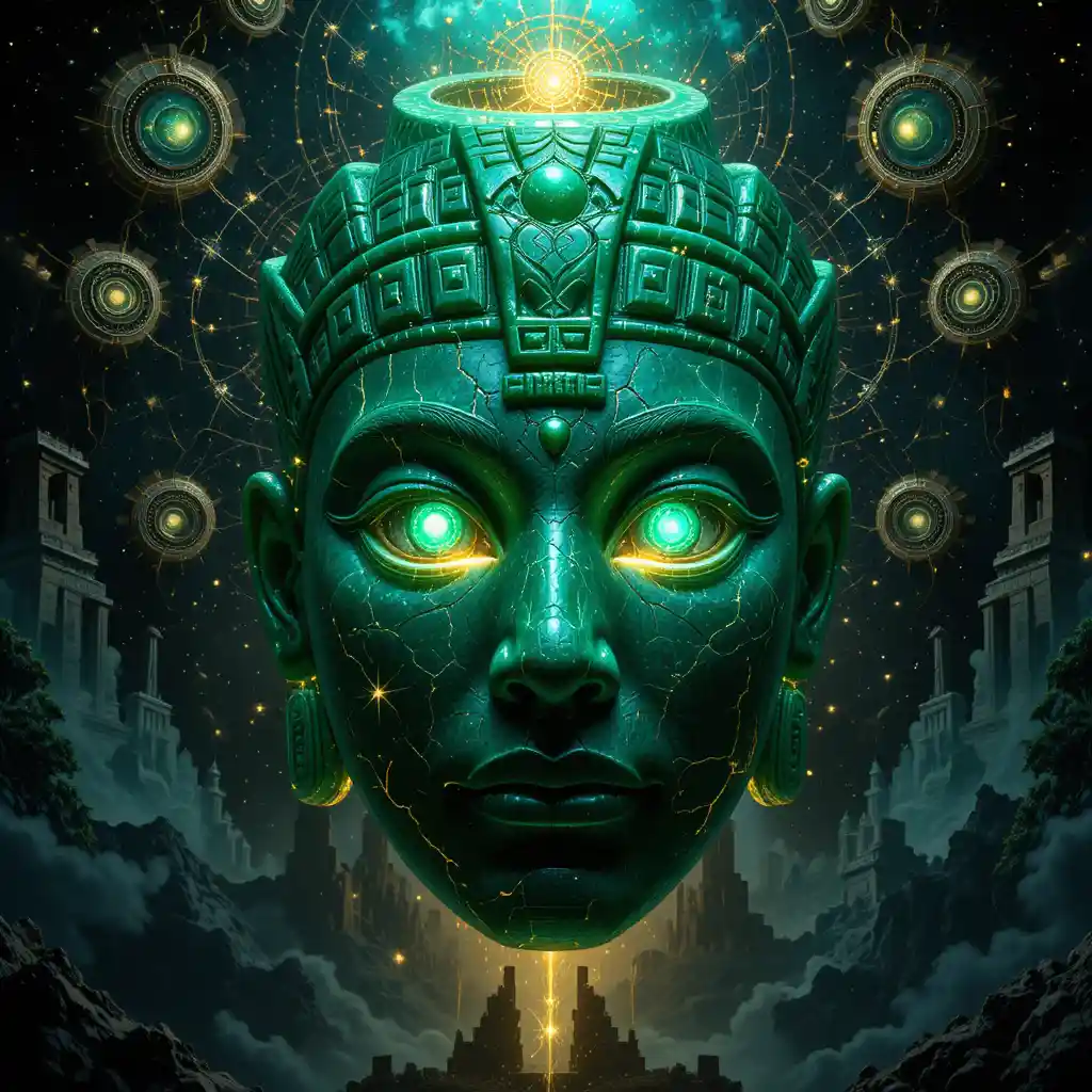Emerald jade ritual mask glowing with cosmic energy