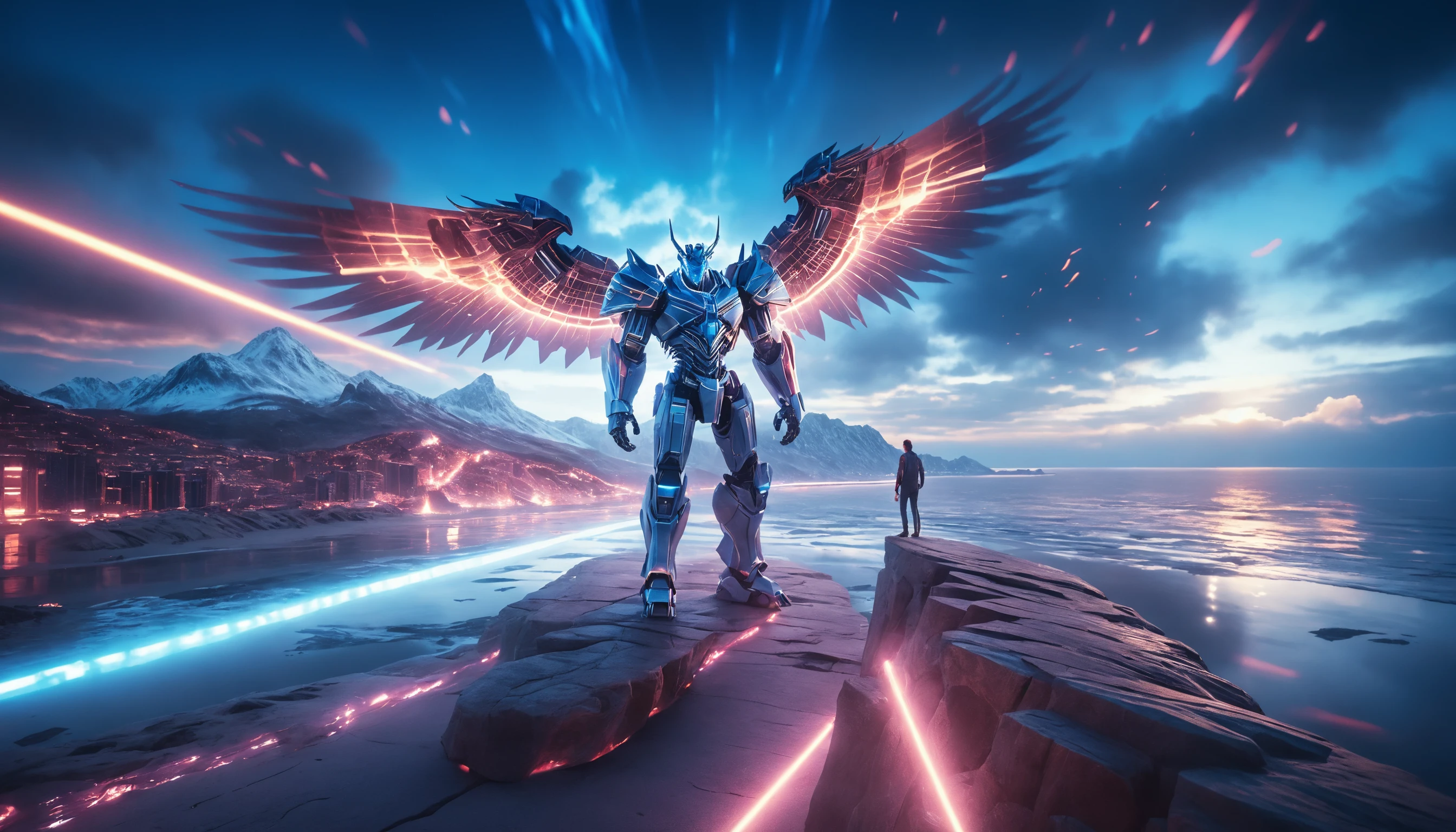 Demonic titan bound in light on a jagged cliffside