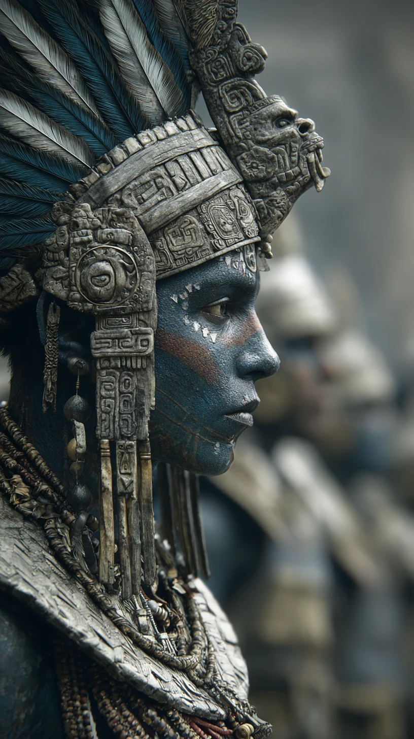 Guerreros aztecas y mayas reunidos ante un templo sagrado