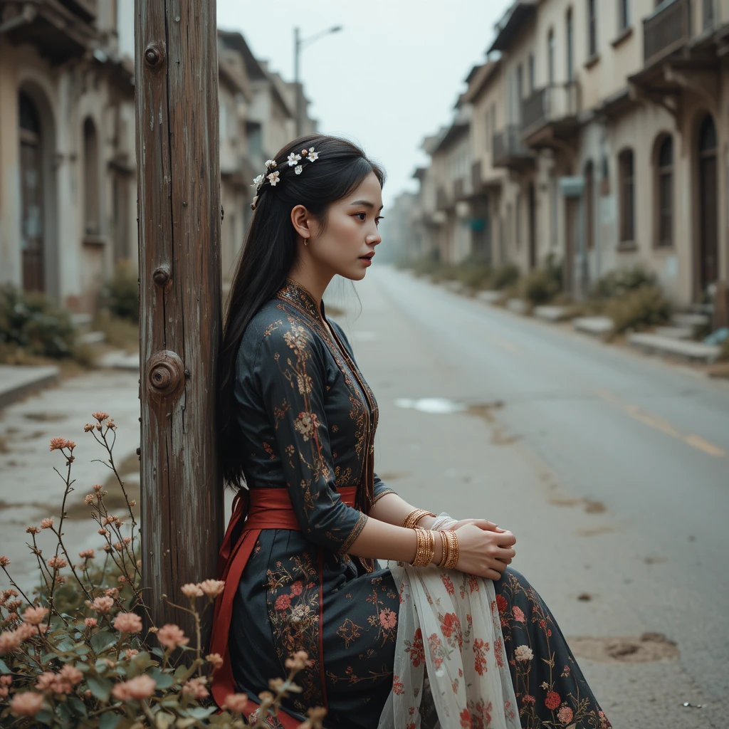 Young woman in embroidered dress on quiet city street