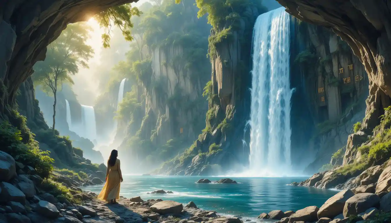 Sorceress before an ancient waterfall in glowing grotto