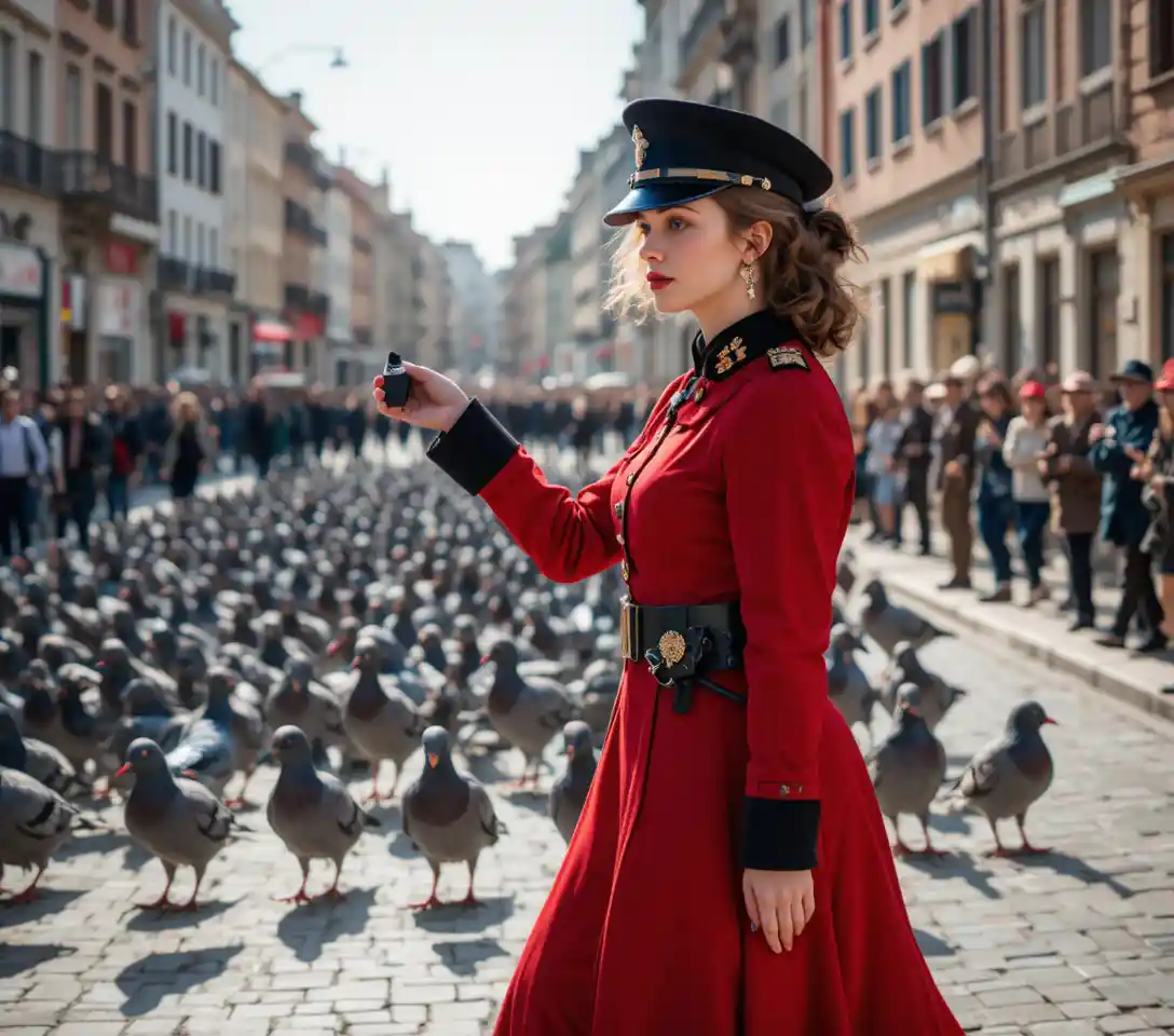 Woman bandleader marching with geese on city street