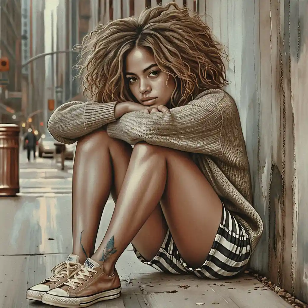 Thoughtful young woman sitting on a city sidewalk