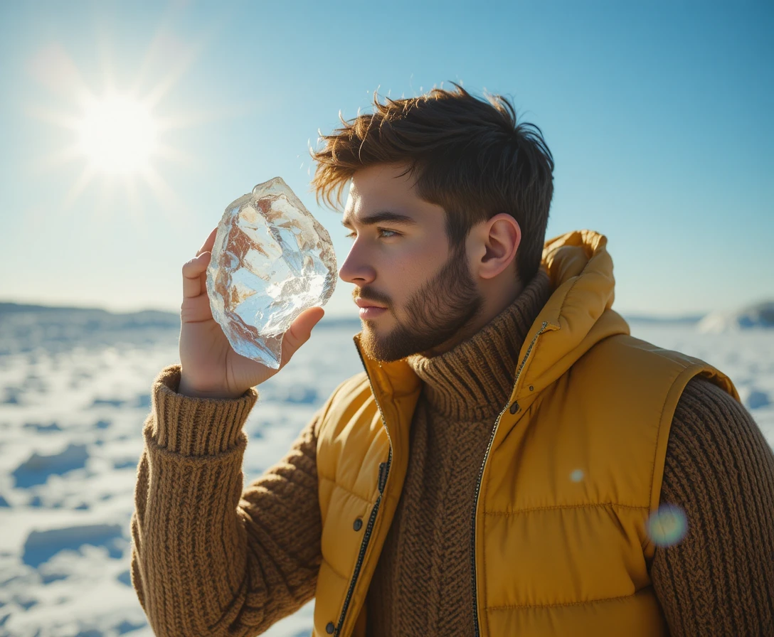 Hombre con chaleco amarillo mirando a través de hielo derretido a la luz del sol